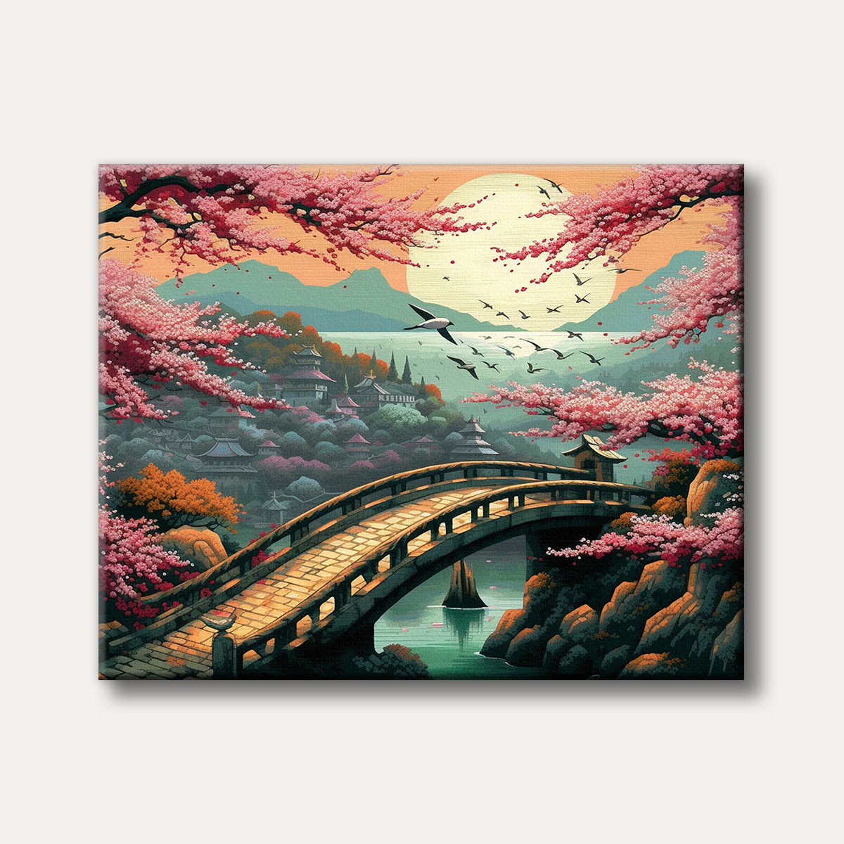 A picturesque painting in a stylized, almost flat-graphic style, showing a traditional Japanese landscape with a stone bridge, cherry blossom trees, ancient buildings, and birds flying over a calm lake at sunrise.