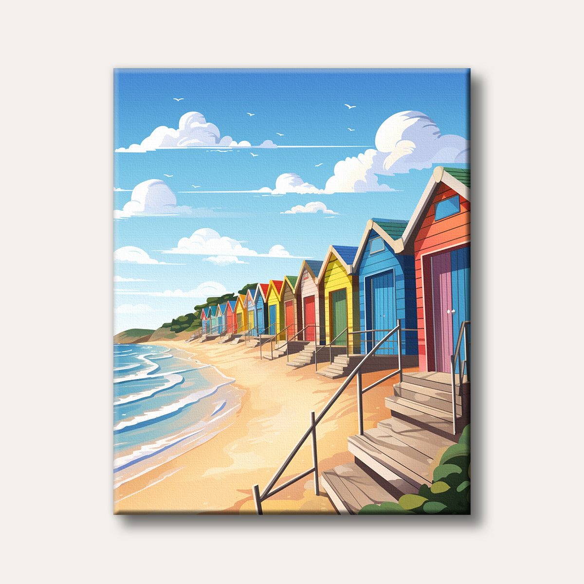 A brightly coloured illustration of numerous colourful wooden beach huts lining a sandy shore, with blue ocean waves gently rolling in under a clear sky.