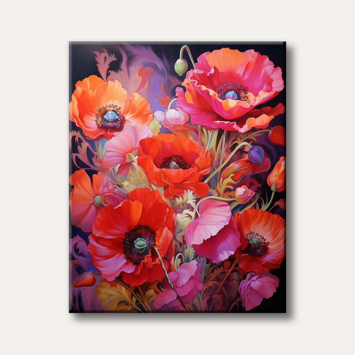 A vibrant, modern painting of a large bouquet of red, orange, and pink poppies with a dark, stylized background, showcasing bold colours.