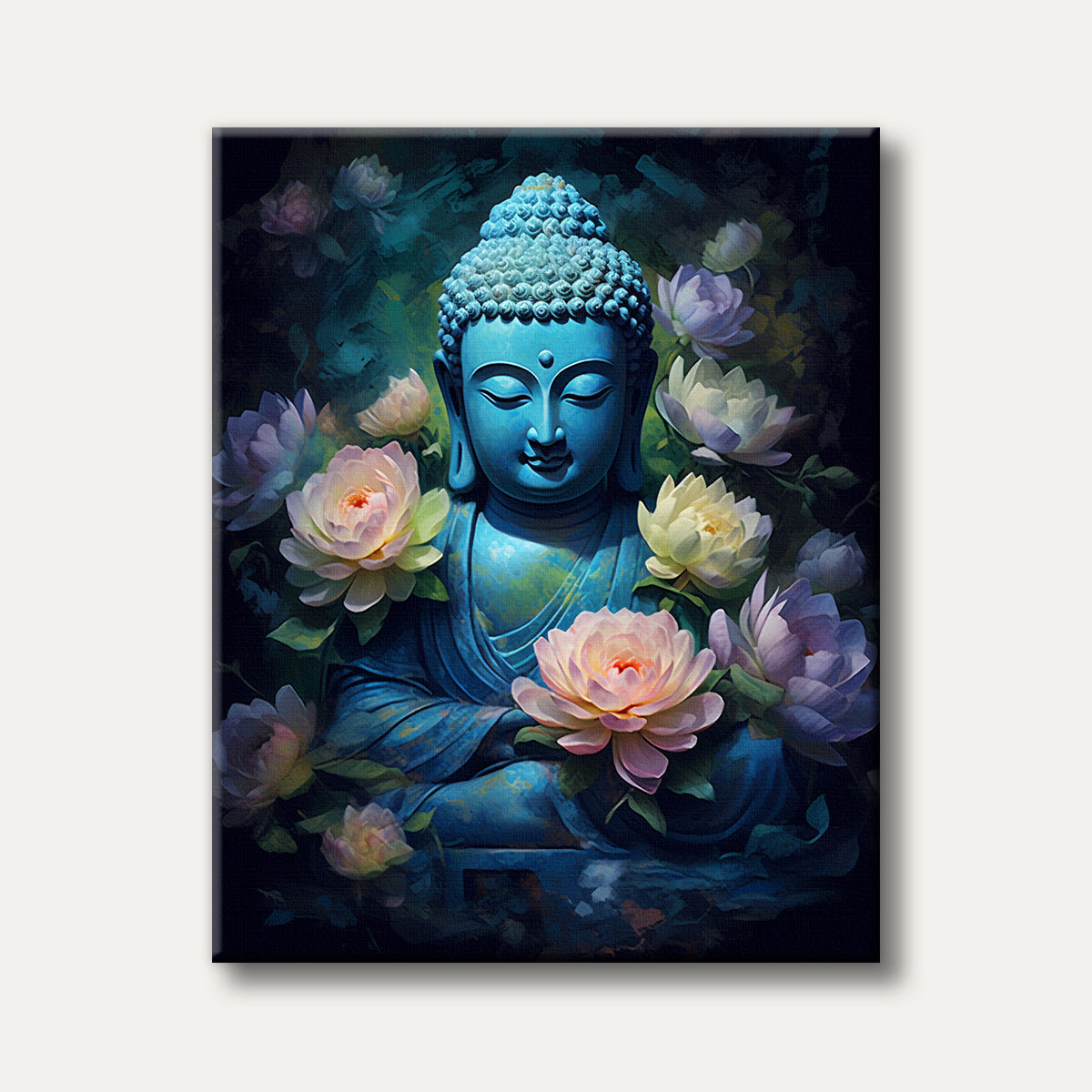 A vibrant blue Buddha statue in a meditative pose is surrounded by pink, white, and purple lotus flowers in a spiritual, illustrative style.