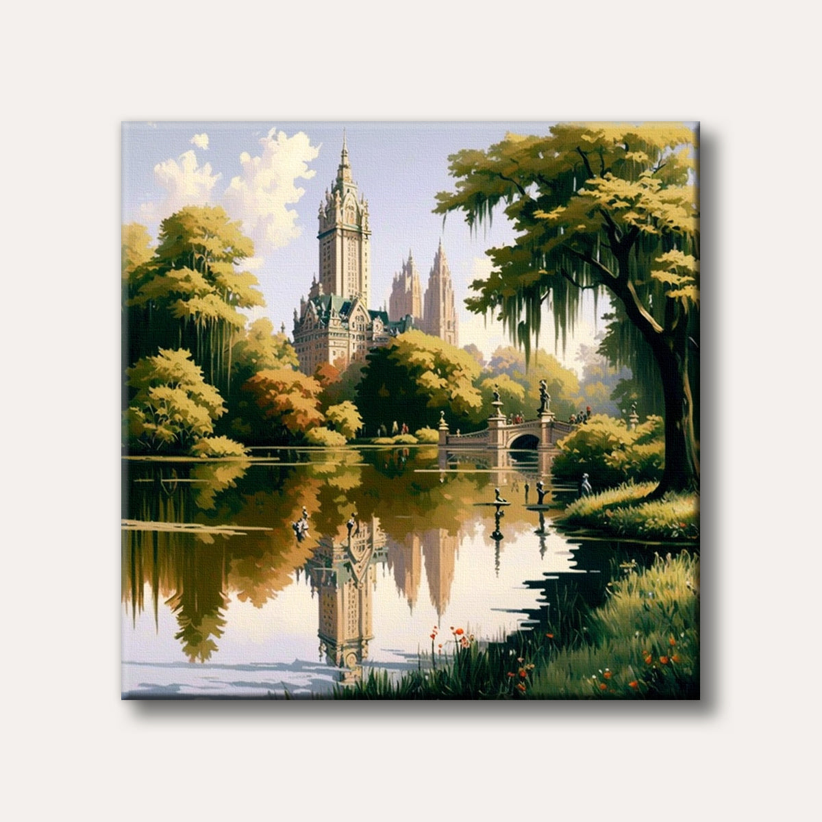 A vibrant painting of a majestic castle-like building reflected in a tranquil lake, surrounded by lush green and golden trees under a bright sky.