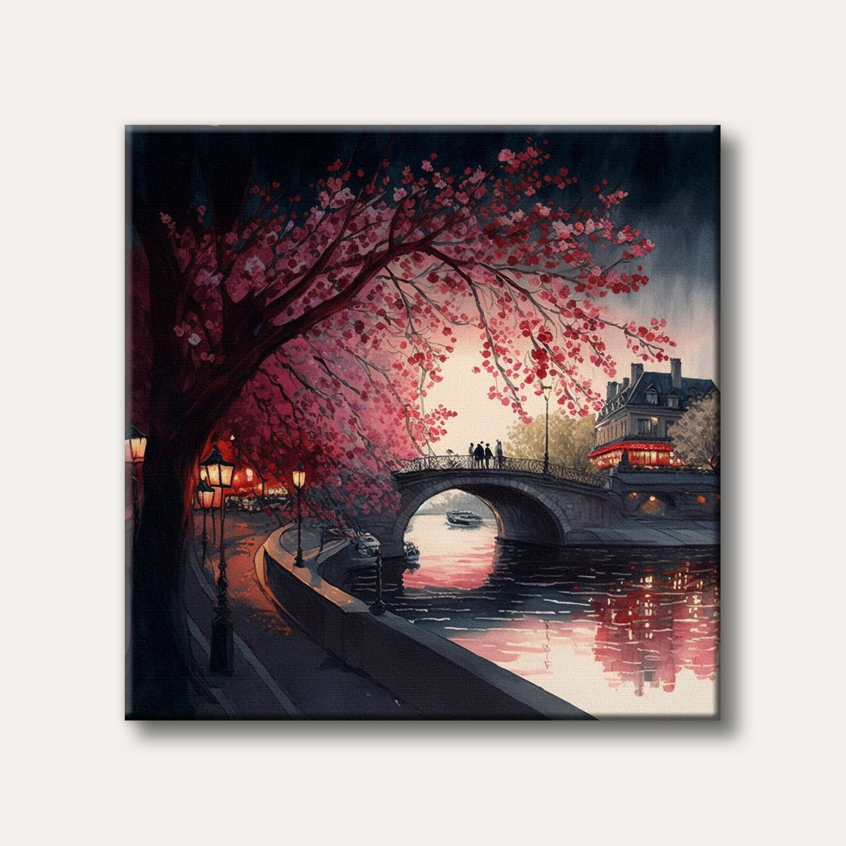 A romantic watercolour painting of a Parisian cityscape at dusk, featuring a stone bridge over a river, a building with an awning, and a large tree with vibrant pink cherry blossoms illuminated by warm streetlights.