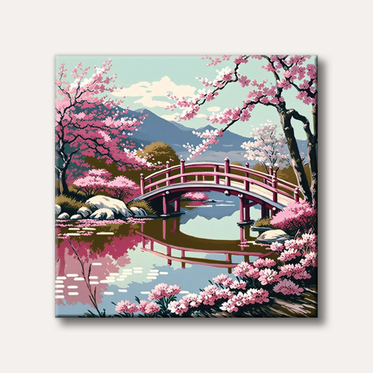 A vibrant stylized painting depicts a picturesque Japanese garden with a pink arched bridge over serene water, framed by abundant pink cherry blossoms and distant mountains under a pale blue sky.