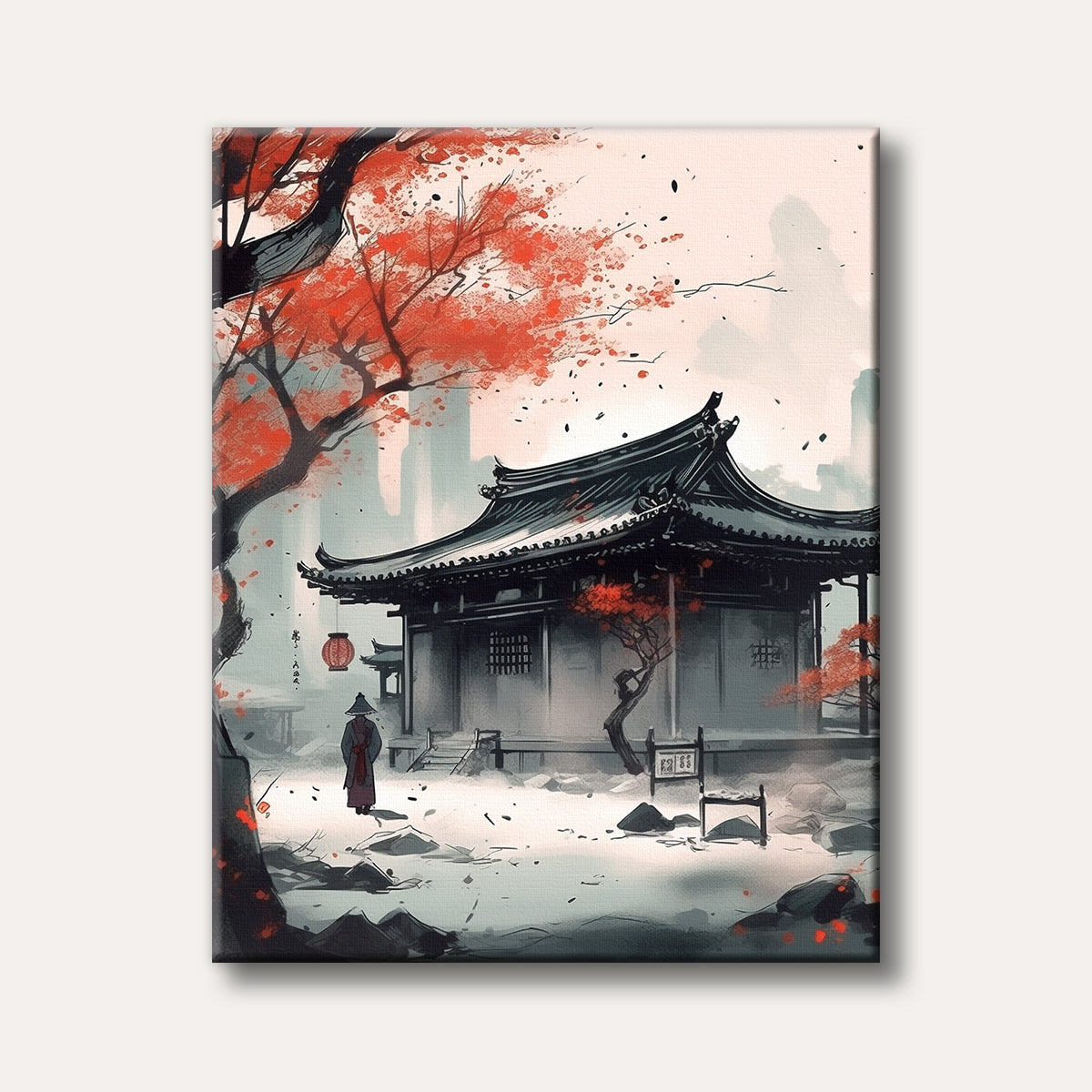 A stylized painting of a traditional East Asian temple with a dark roof and vibrant red trees, featuring a lone robed figure in the foreground, rendered in a striking, serene style.