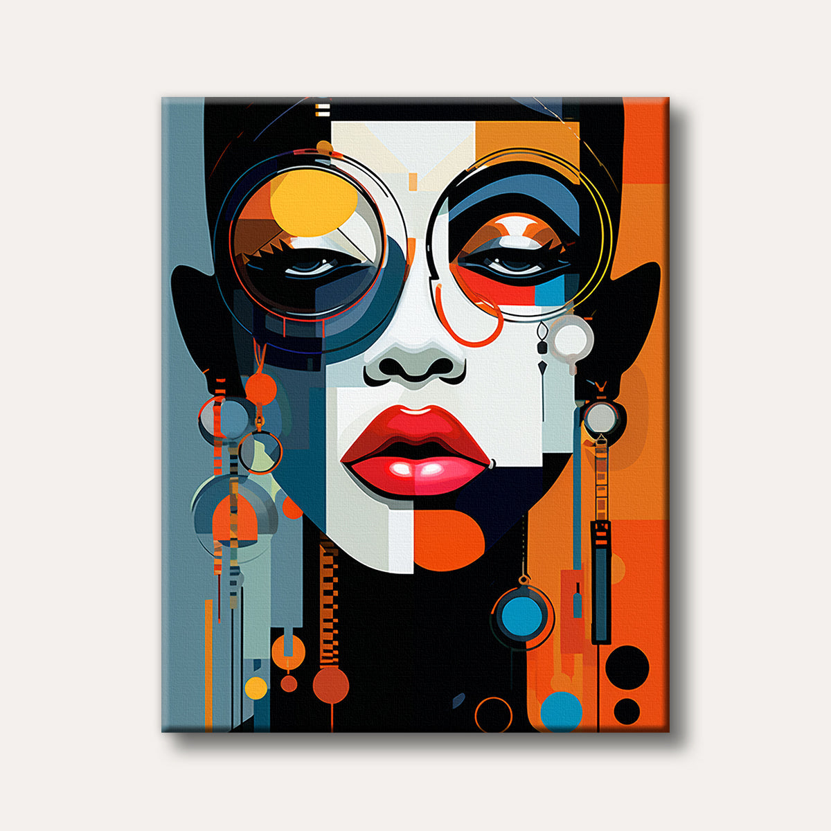 A vibrant and abstract portrait of a woman's face, depicted with geometric shapes, bold lines, and a palette of orange, blue, black, and white in a modern art style.