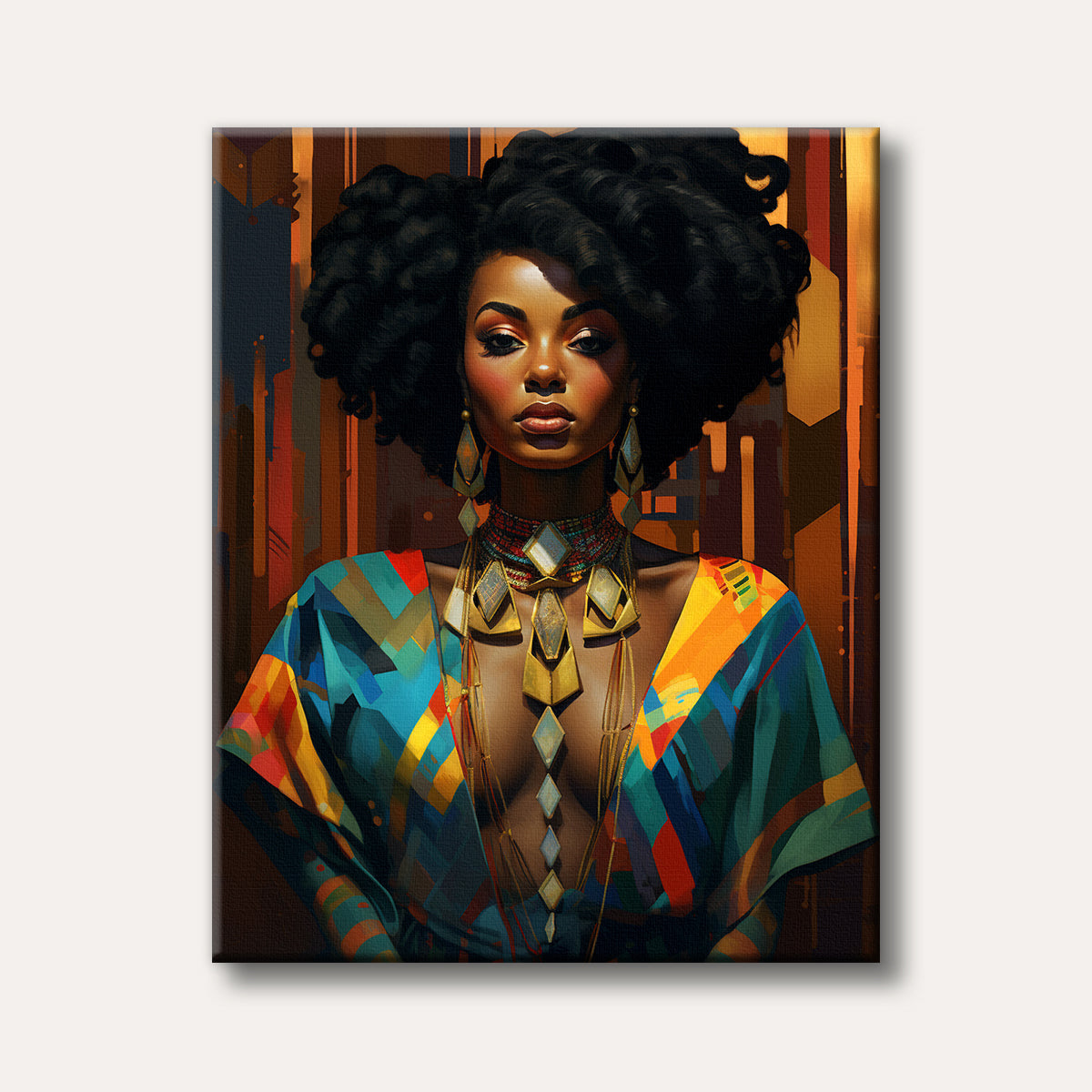 A majestic portrait of an elegant woman with dark skin and a voluminous afro, wearing a colourful, geometric print garment and intricate gold and beaded jewelry, depicted in a rich, painterly style with warm hues.