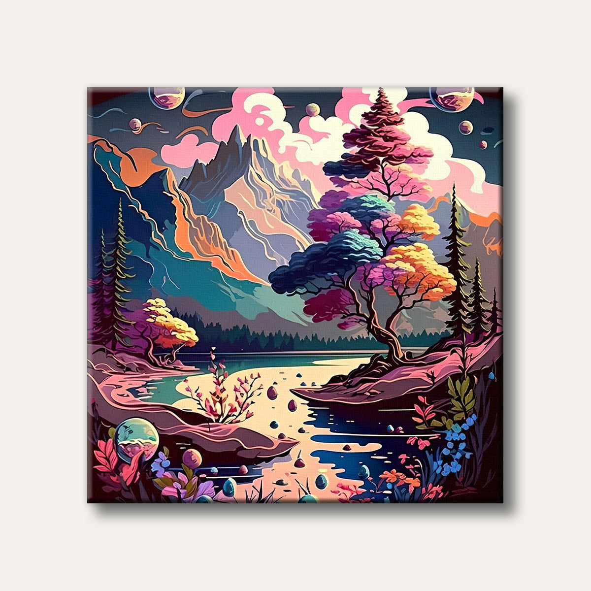 A vibrant and surreal painting of a fantastical mountain landscape with a lake, featuring uniquely coloured trees, pink clouds, and floating celestial orbs, rendered in a bold, illustrative style.