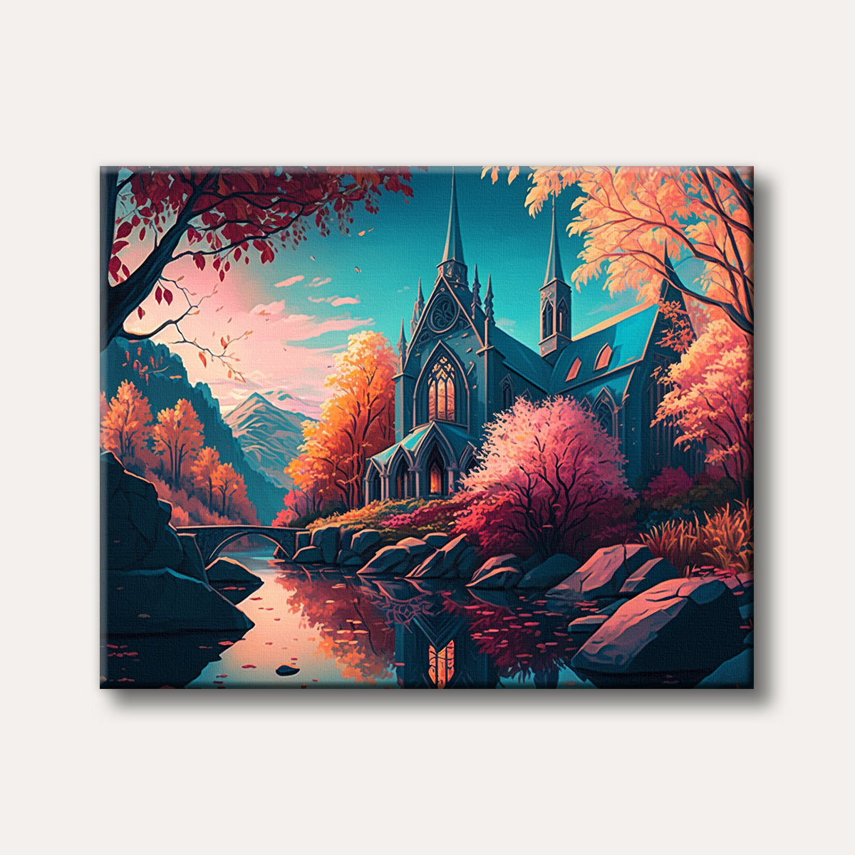 A vibrant and dreamlike painting shows a gothic-style church with tall spires by a reflective river, surrounded by trees with brilliant red, orange, and pink autumn foliage under a colourful sky.