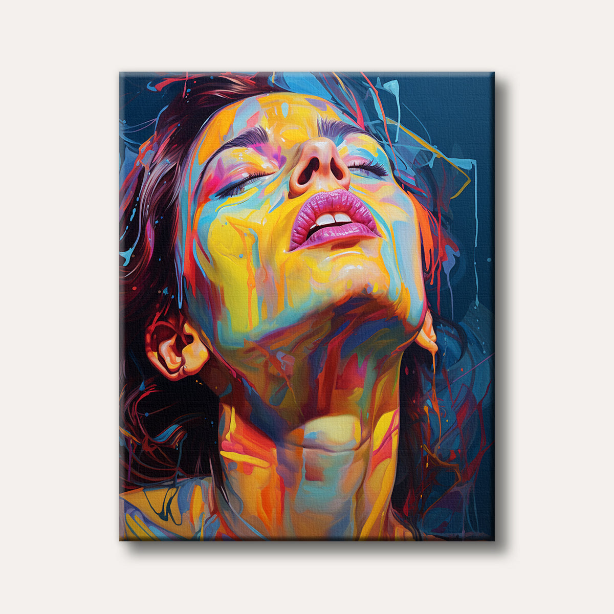 A vibrant, expressive painting of a woman's face covered in dripping, multi-coloured paint in an abstract and pop art style.
