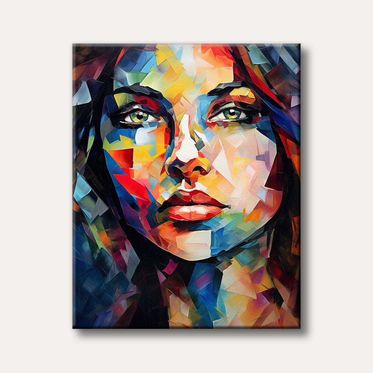 A vibrant and bold abstract portrait of a woman's face, rendered in a striking geometric style with rich, impasto brushstrokes and a kaleidoscope of colours.