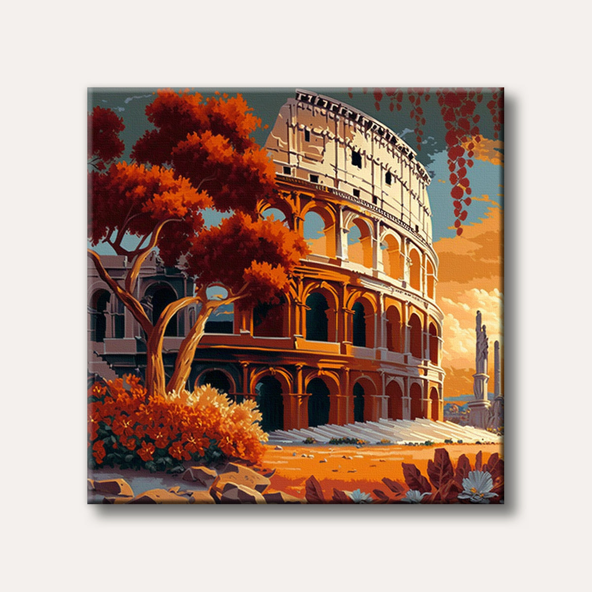 A vibrant illustration of the ancient Roman Colosseum illuminated by a warm sunset, framed by striking red and orange trees, presented in a graphic art style.