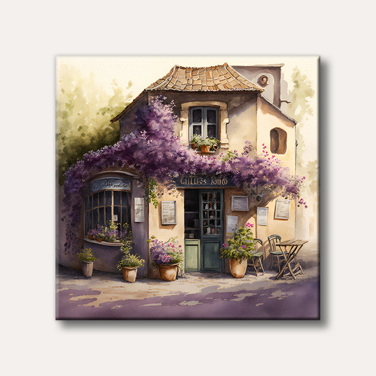 A quaint European building with a green door and round window, heavily draped in vibrant purple wisteria, rendered in a soft watercolour painting style.