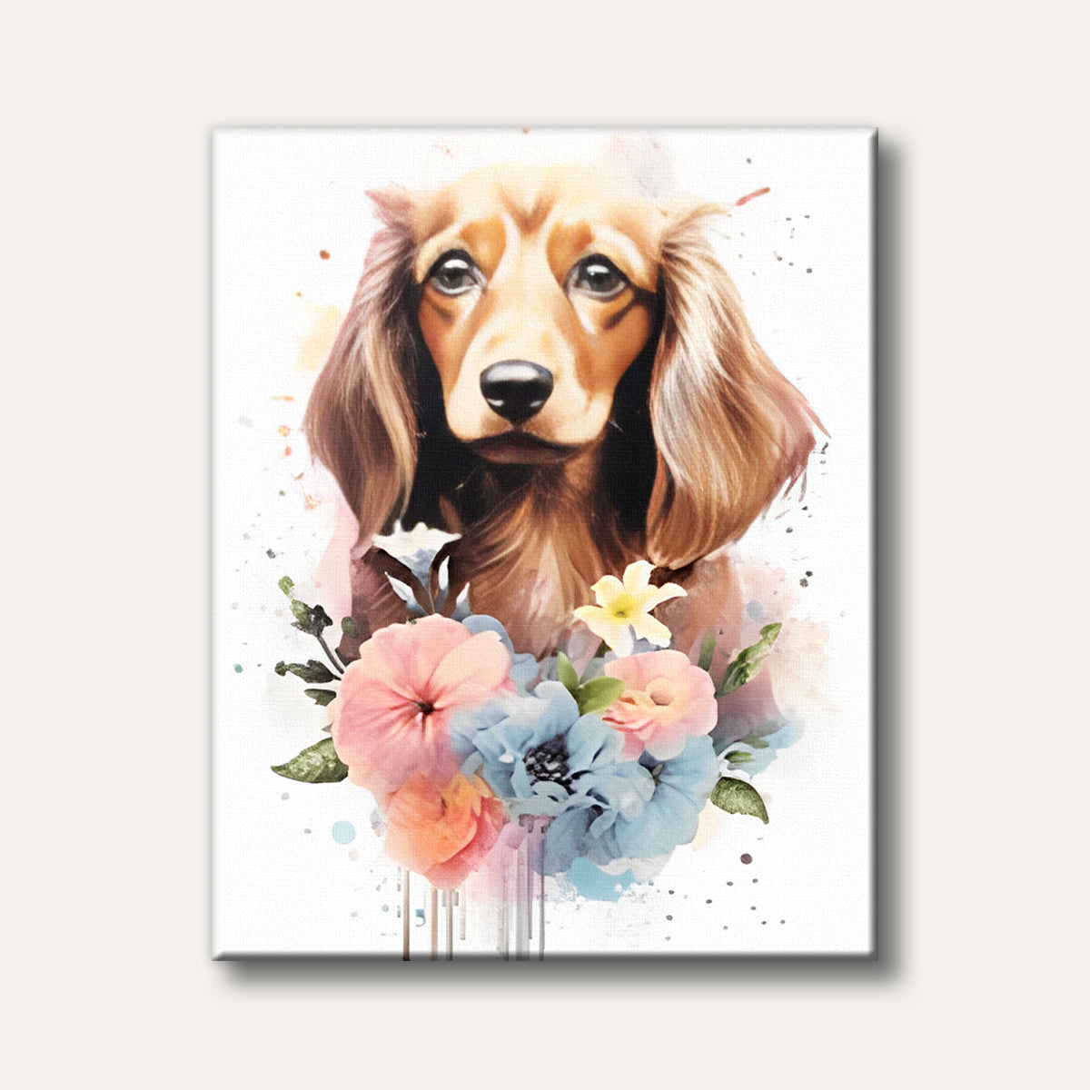 A watercolour-style portrait of a long-haired dachshund dog with expressive eyes, surrounded by soft pastel pink, blue, and peach flowers, on a white background with artistic paint splatters.