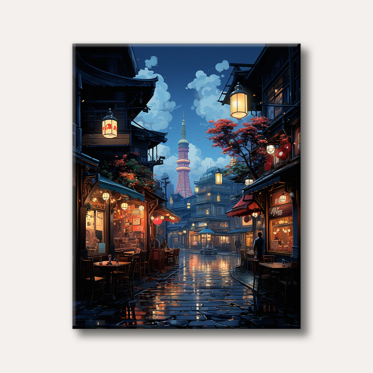 A vibrant digital painting captures a rainy night on a traditional Tokyo street, illuminated by warm lanterns and featuring the distant Tokyo Tower, in an atmospheric style.