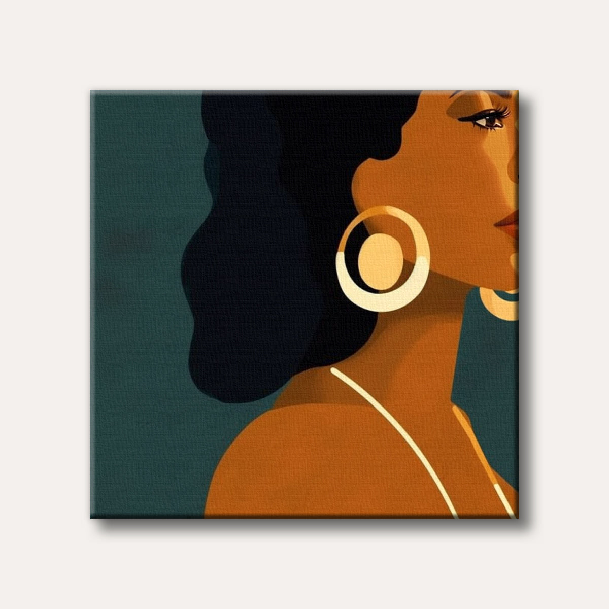 A modern, graphic-style portrait painting depicting a woman's profile with warm skin tones, dark hair, and prominent gold hoop earrings against a dark teal background, evoking an elegant mood.