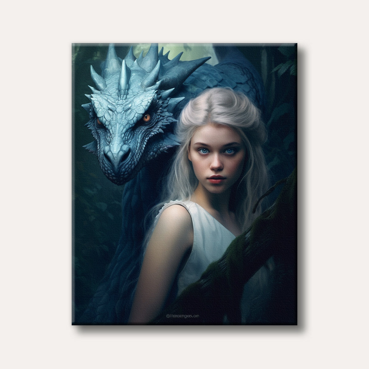 A fantasy-style digital painting depicting a fair-skinned woman with long white hair and striking blue eyes standing next to a large, textured blue dragon with piercing orange eyes, set in a dark, mystical forest.