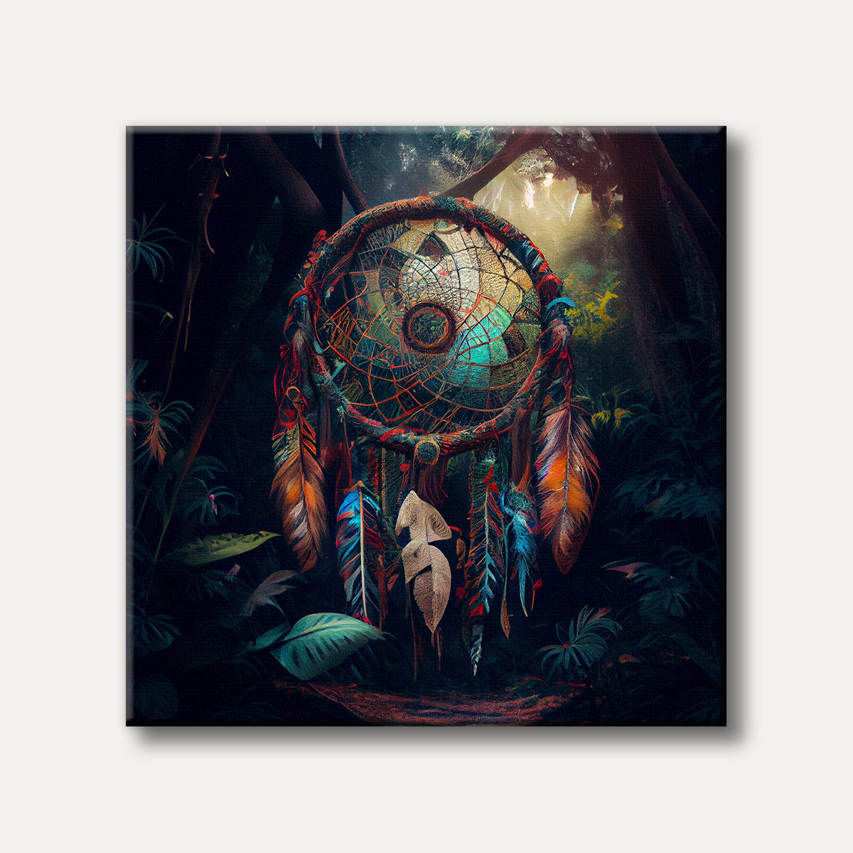 A richly detailed and colourful dreamcatcher, adorned with feathers and intricate webbing, hangs in a dark, mystical jungle setting, painted in a vibrant, stylized manner.