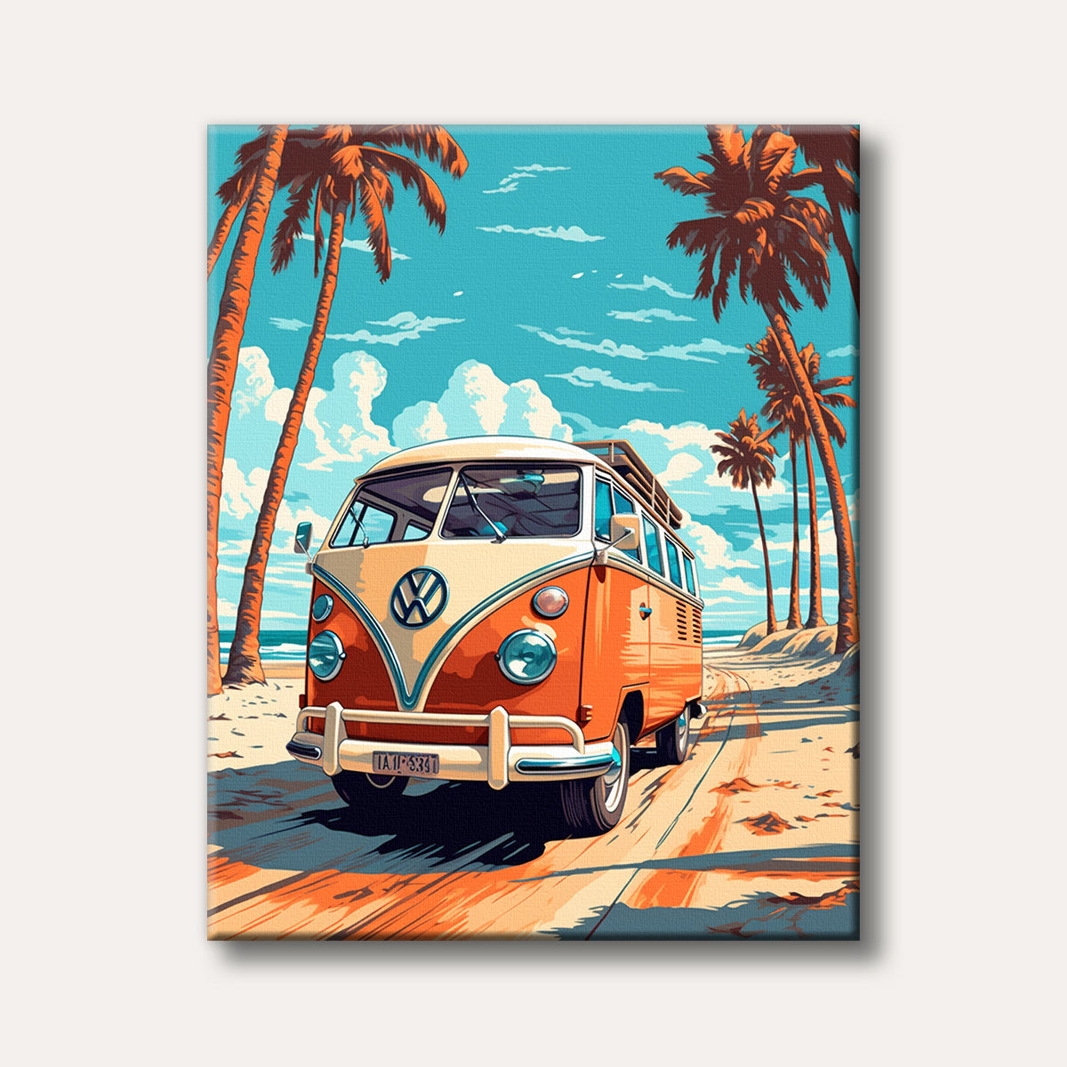 A vibrant, stylized illustration of a vintage orange and white Volkswagen bus on a sandy beach path with tall palm trees and a bright blue sky, evoking a nostalgic travel mood.