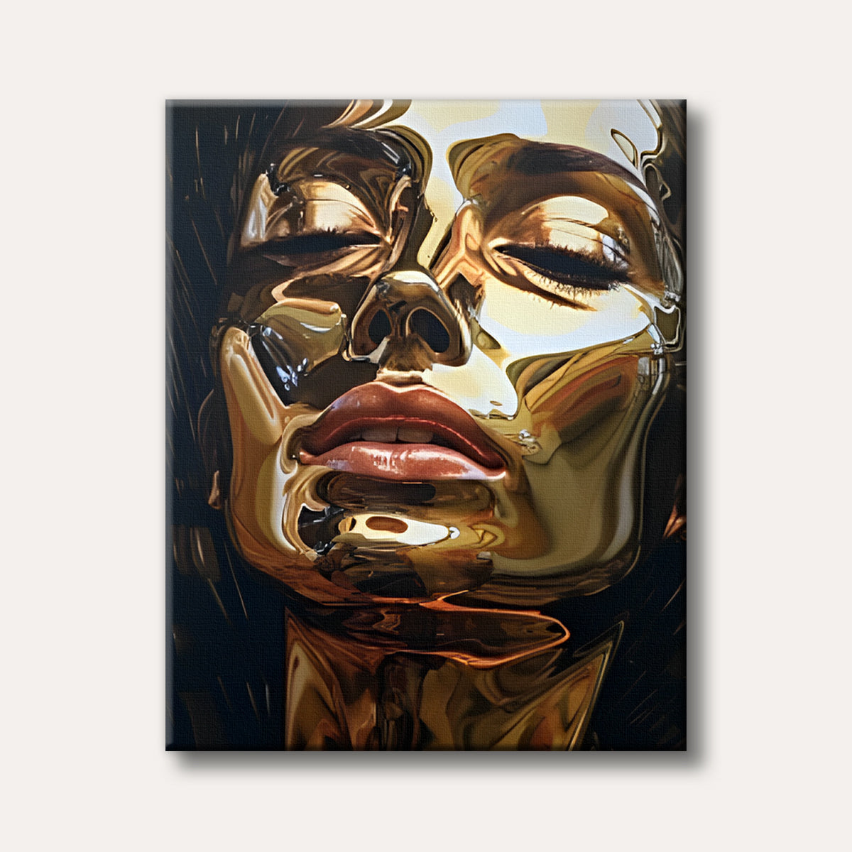 A striking abstract painting of a human face rendered in a fluid, distorted golden metallic texture, featuring closed eyes and prominent lips, conveying a modern and mysterious mood.