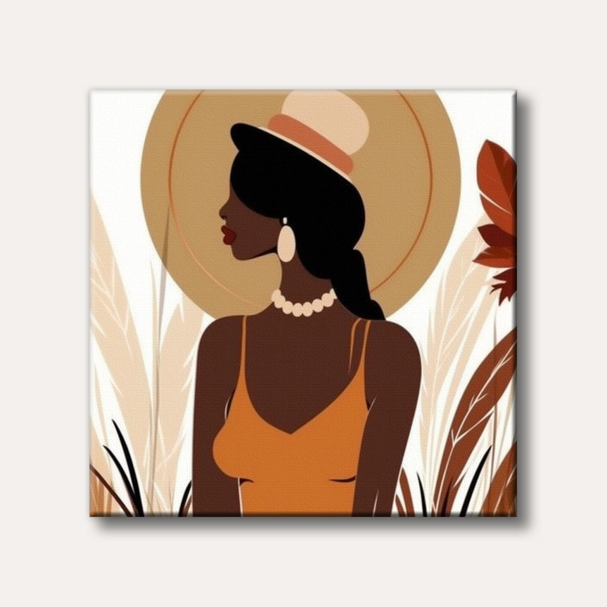 A minimalist digital illustration depicting a woman in profile with dark skin, wearing a hat, an orange top, and a pearl necklace, rendered in warm brown and ochre tones with a calm expression.