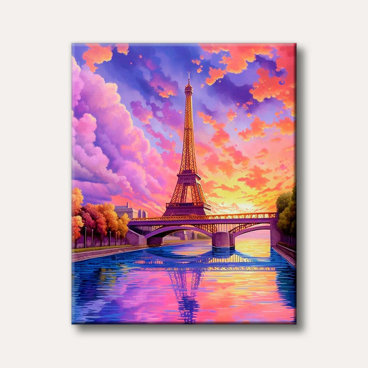 A vibrantly colourful illustration of the Eiffel Tower and a bridge over a river at sunset, reflecting pink, purple, and orange hues.