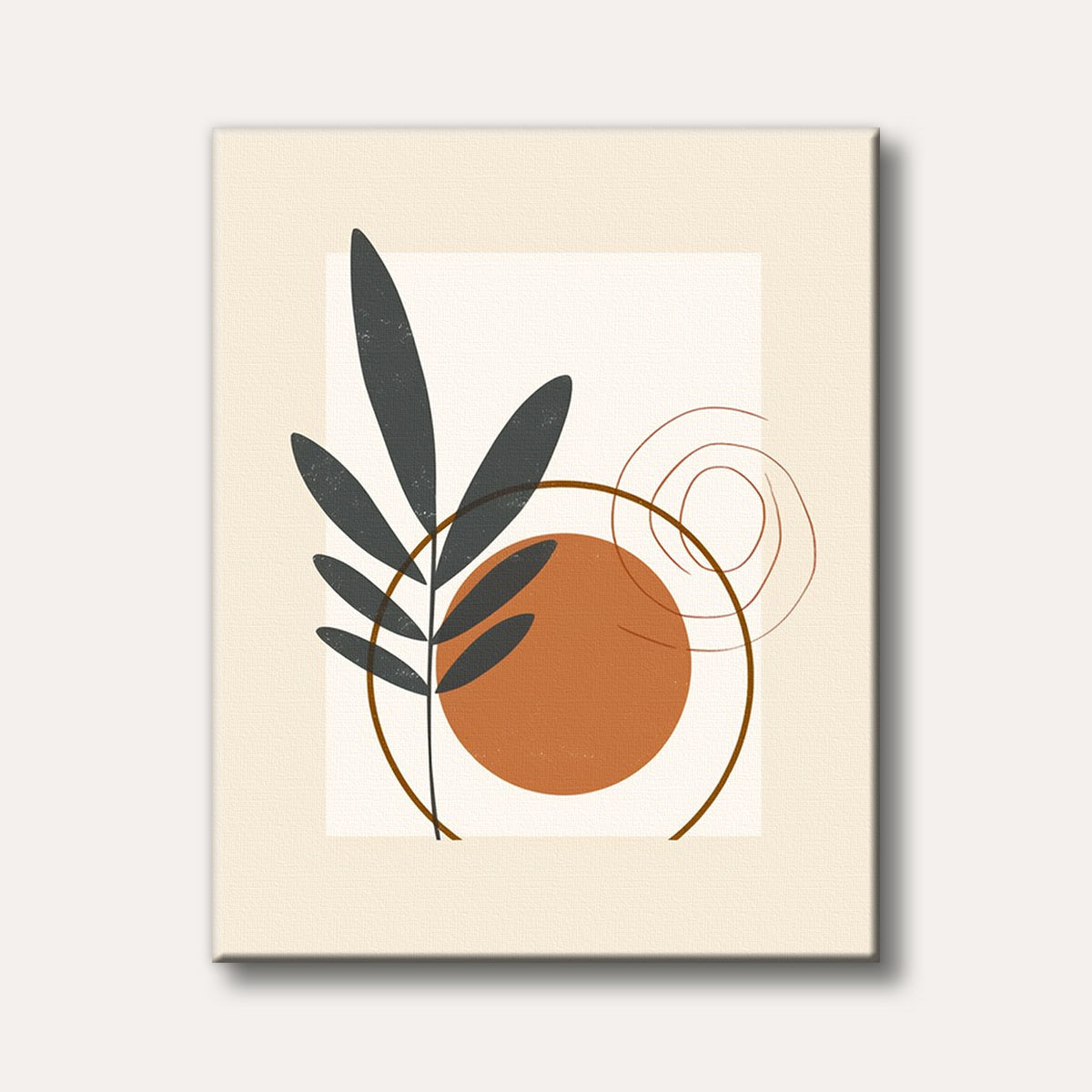 A modern minimalist painting depicting a dark green abstract leaf paired with a burnt orange circle and swirling brown lines on a light beige background, exuding a calm, artistic mood.