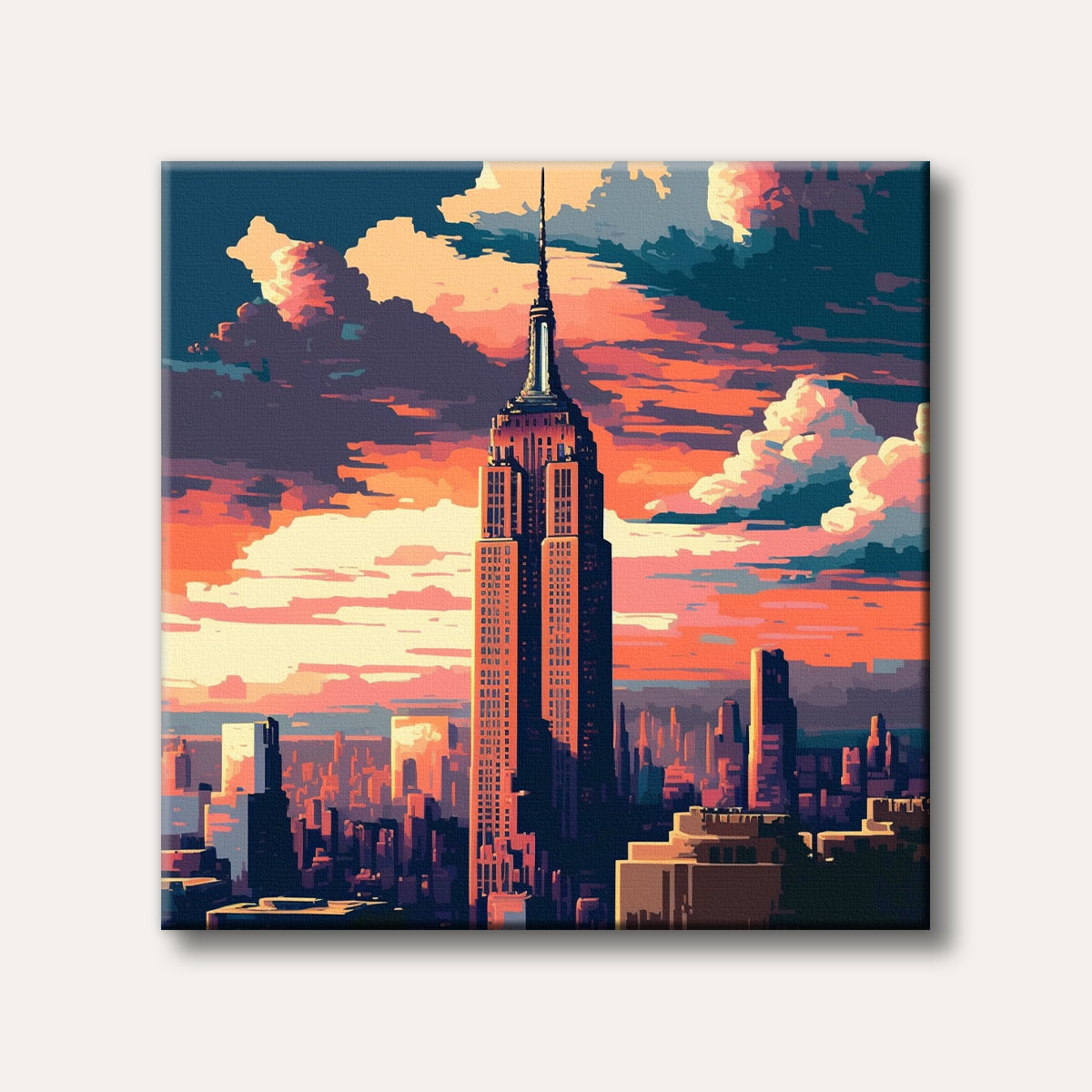 A vibrant, pop art style painting of the Empire State Building dominating the New York City skyline during a fiery orange and purple sunset, evoking an energetic urban mood.