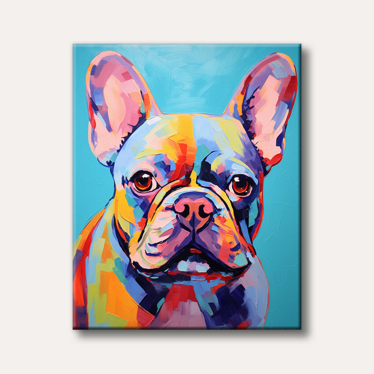 A vibrant, pop art style painting of a French Bulldog with colourful, textured brushstrokes against a bright blue background, conveying a playful and energetic mood.