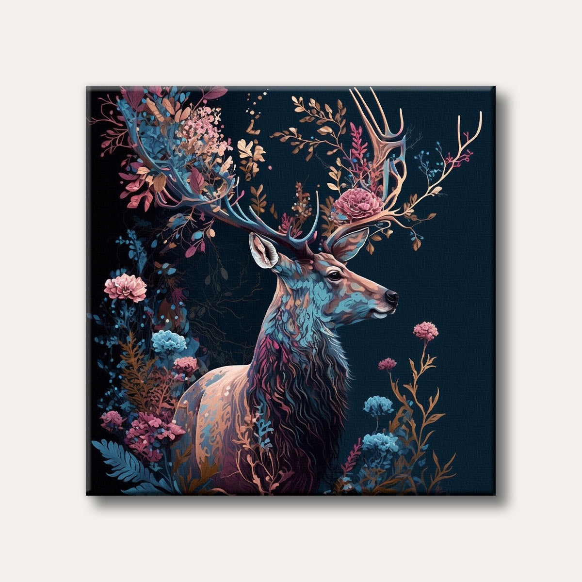 A stylized painting of a majestic stag with antlers adorned in colourful flowers and leaves, set against a dark, elegant background in a whimsical, decorative style.