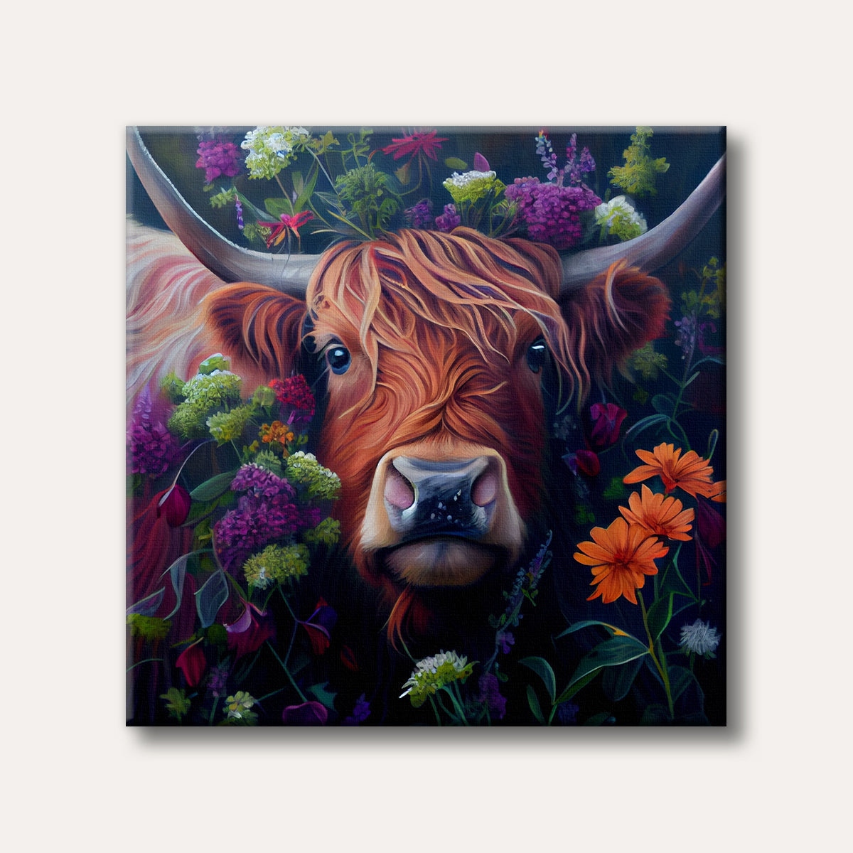 A detailed painting of a shaggy orange Highland cow, its head framed by vibrant purple, white, and orange wildflowers, set against a dark, soft-focus background, conveying a whimsical and gentle mood.