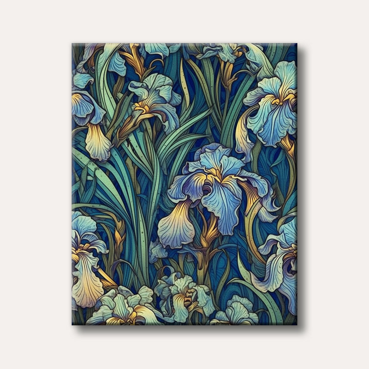 A vibrant stylized illustration of blue and gold iris flowers with long green leaves, creating a detailed botanical pattern in an Art Nouveau style.