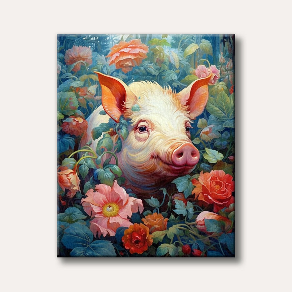 A charming pig with colourful fur peeks out from a lush, painterly garden filled with vibrant pink, orange, and red flowers and blue-green foliage, creating a whimsical and cheerful scene.