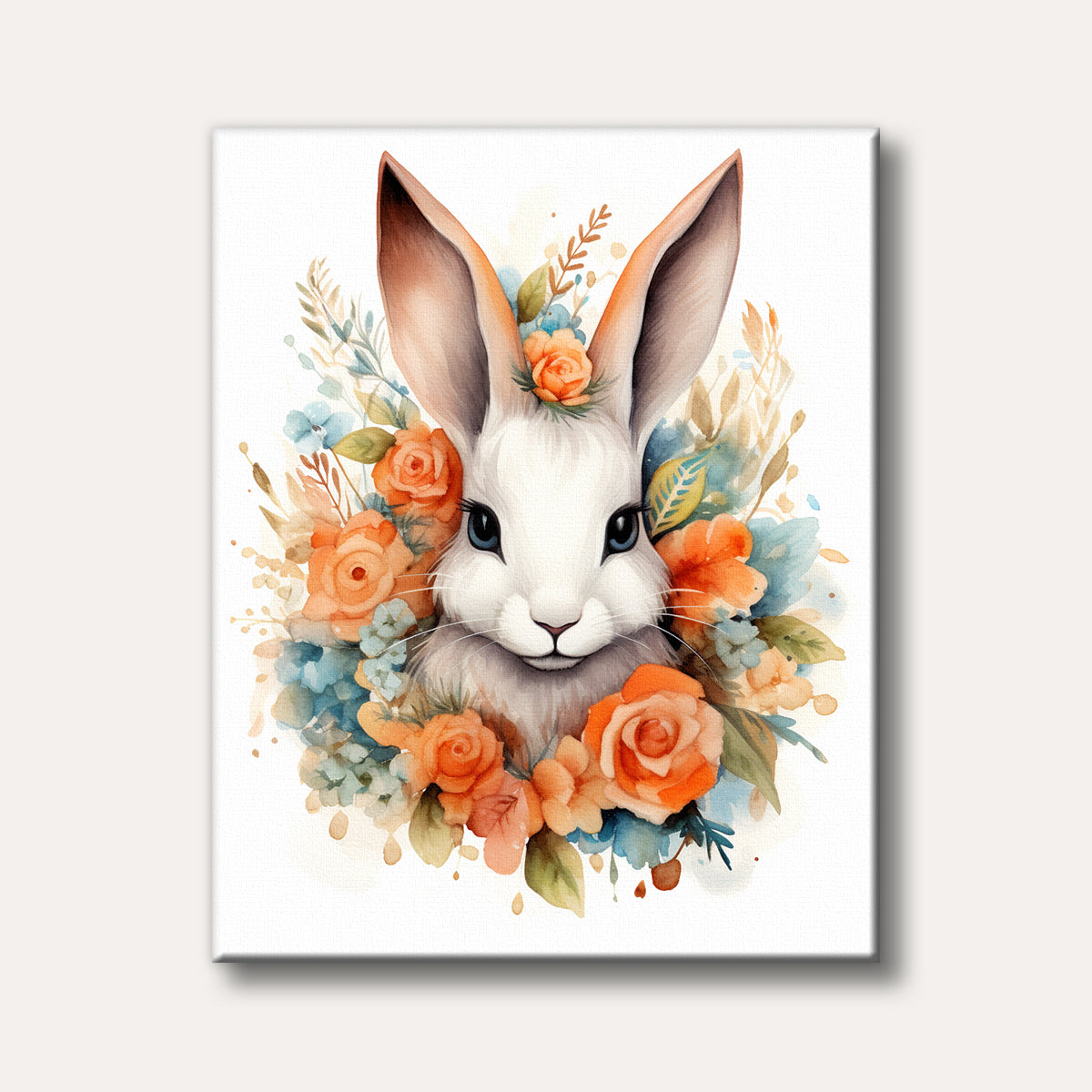 A charming white watercolour rabbit portrait surrounded by a beautiful arrangement of orange and blue flowers, rendered in a soft, whimsical style.