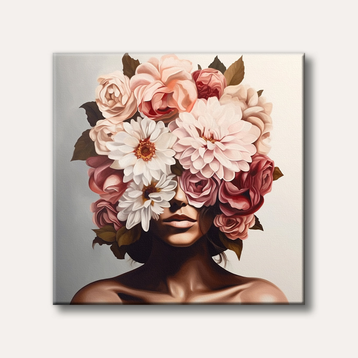 A whimsical painting of a woman with her head replaced by a dense bouquet of pink, white, and red flowers, creating a serene and artistic impression.