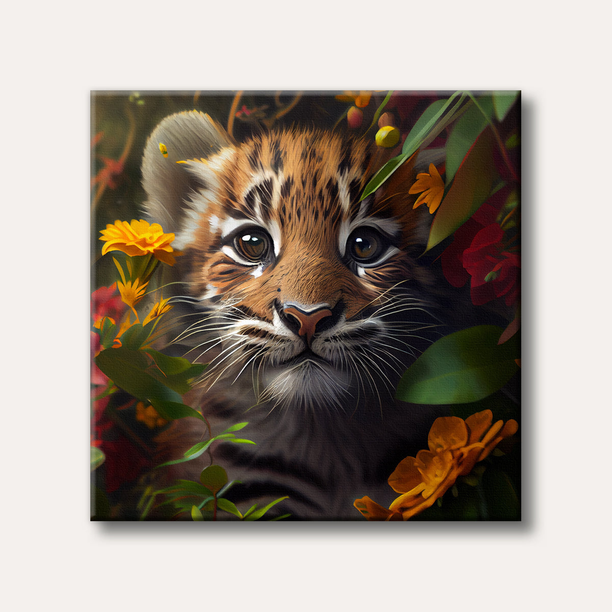 A charming painting of a baby tiger's face surrounded by lush green leaves and bright orange and red flowers, rendered in a realistic, endearing style.