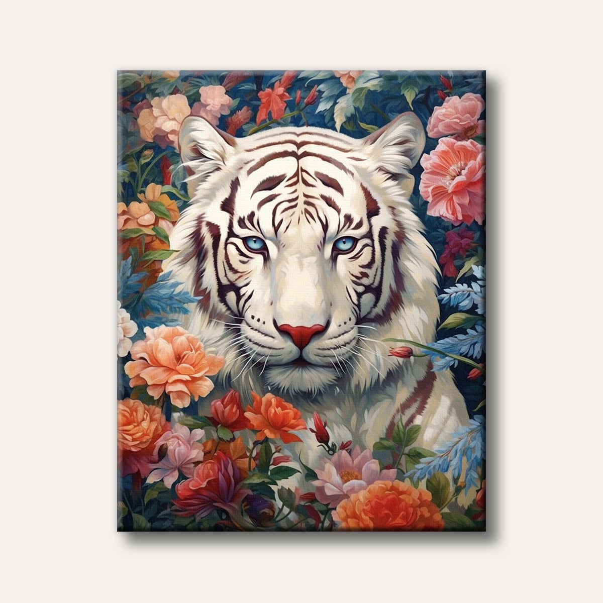 A majestic white tiger with bright blue eyes and a red nose is depicted surrounded by an abundance of colourful, vibrant flowers in a detailed, painterly style.