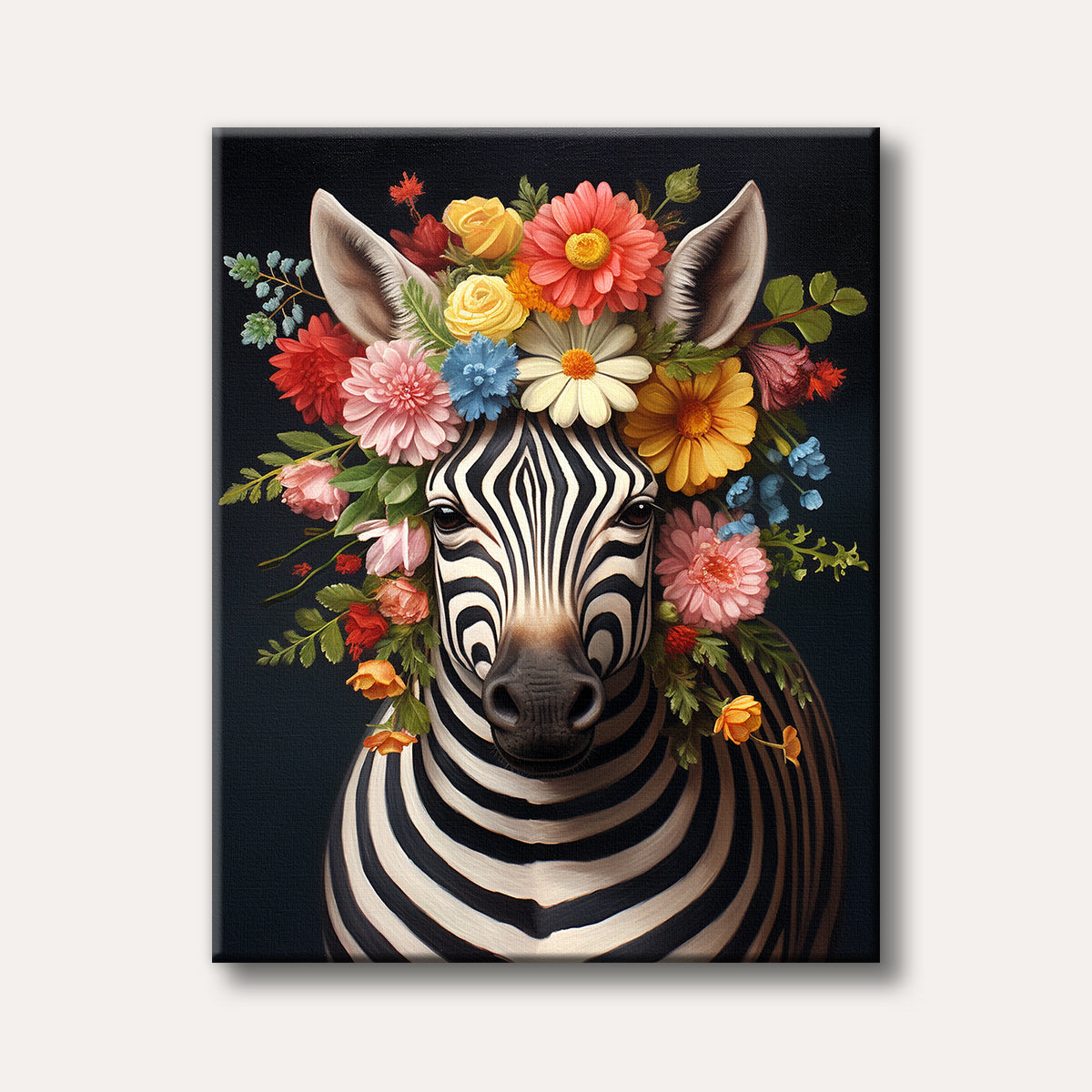 A vibrant, realistic portrait of a zebra wearing a colourful crown of assorted flowers against a dark, painterly background.