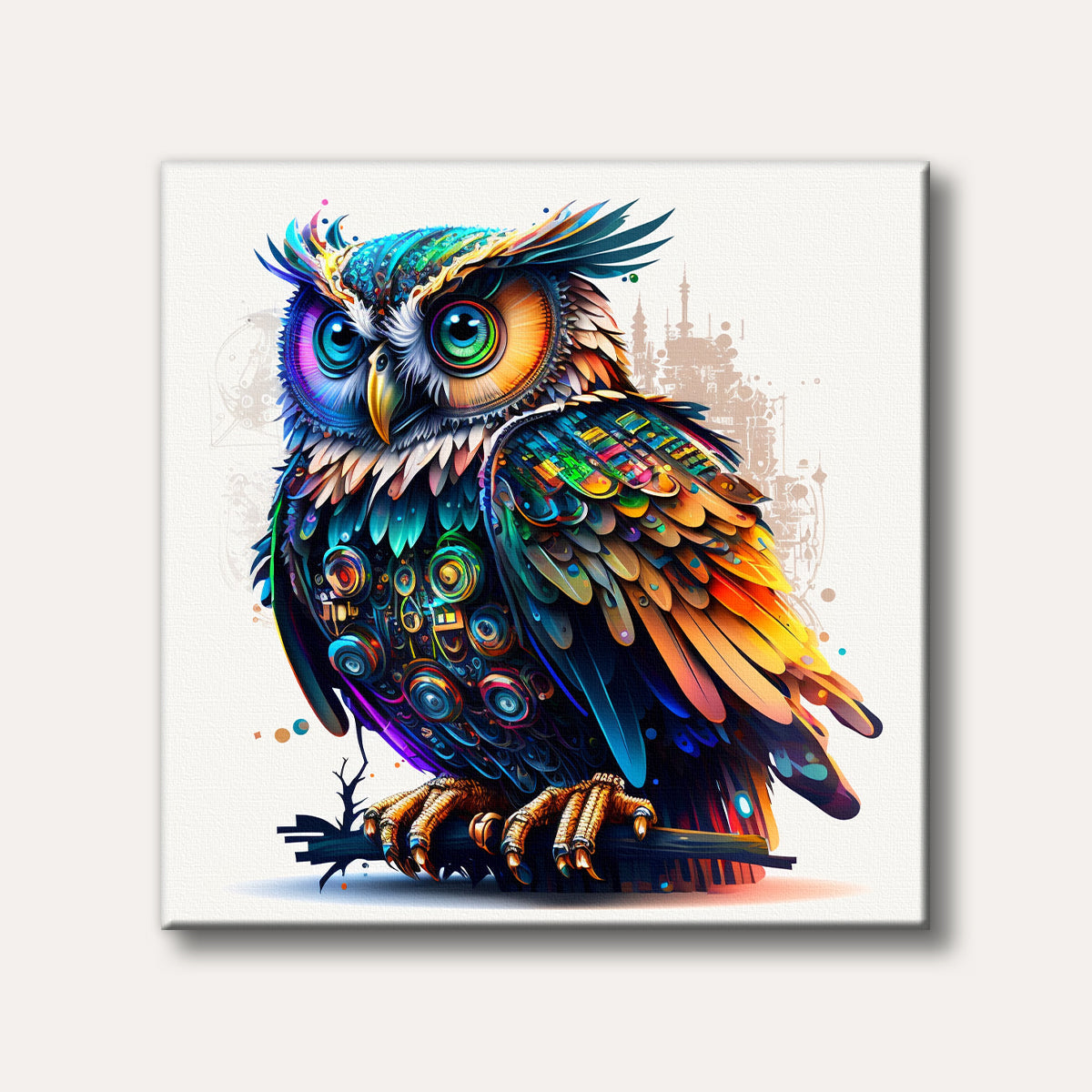 A magnificent owl painted in a vibrant, abstract style, featuring a kaleidoscope of intricate multi-coloured patterns and textures against a subtle background.