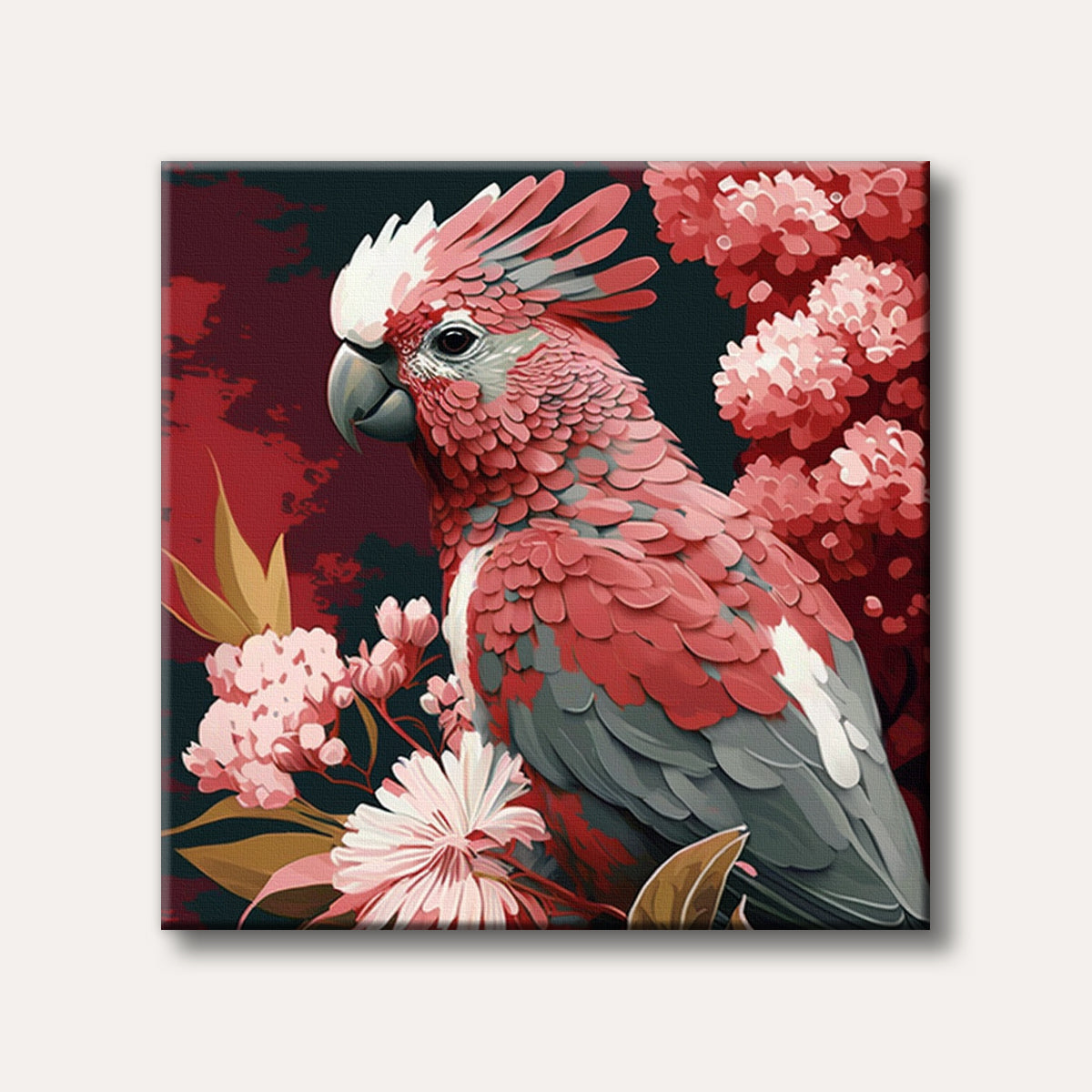 A vibrant pink and gray cockatoo with a white crest perches among red and pink flowers, depicted in a stylized, modern art style with an elegant mood.