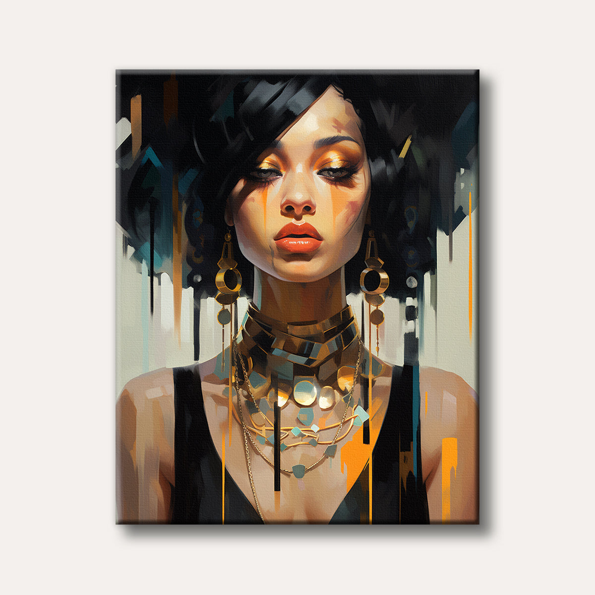 A striking portrait of a woman with dramatic gold eye makeup and bold gold jewelry, rendered in a modern, abstract art style.