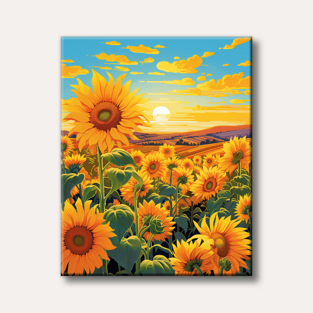 A vibrant painting of a field of tall, golden sunflowers under a bright blue sky with orange clouds, illuminated by a warm sunrise or sunset.