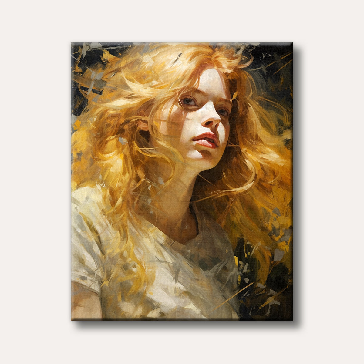 A vibrant painting depicts a young woman with long, flowing golden hair against a dark, abstract background, rendered with expressive brushstrokes and dramatic lighting.