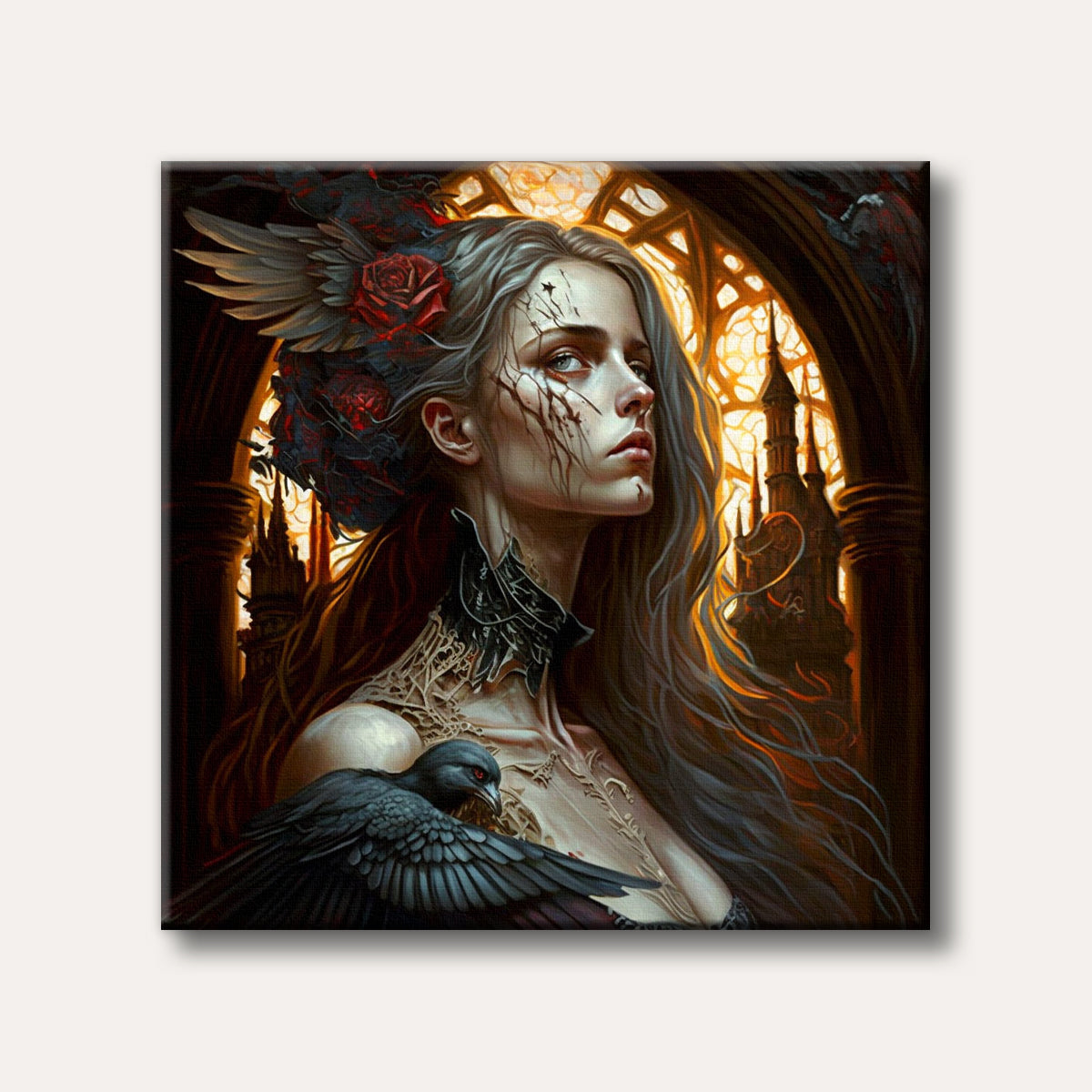 A haunting gothic portrait of a pale woman with long grey hair and a raven on her shoulder, rendered in a realistic, dark fantasy style against a glowing stained-glass window.