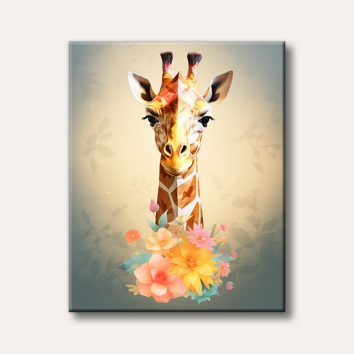 A modern artistic depiction of a giraffe's head with geometric patterns, surrounded by soft, colourful flowers, against a warm gradient background.