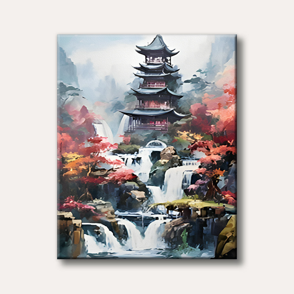 A majestic five-tiered Asian pagoda stands on a misty mountain, surrounded by cascading waterfalls and vibrant red and orange autumn trees, rendered in a detailed, illustrative style.