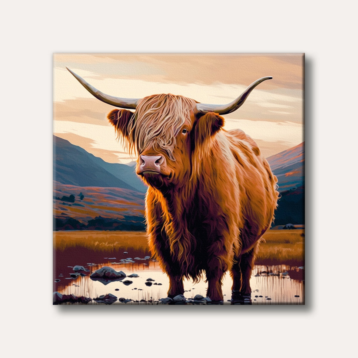 A majestic, shaggy-haired Highland cow with large horns stands in a calm body of water, set against a stunning mountain landscape at sunset, rendered in a painterly realistic style.