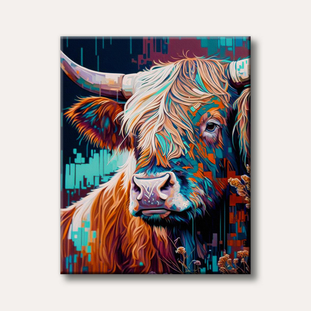 A vibrant pop art painting of a Highland cow features bold, abstract splashes of orange, blue, and white across its fur and a dark, fragmented background.