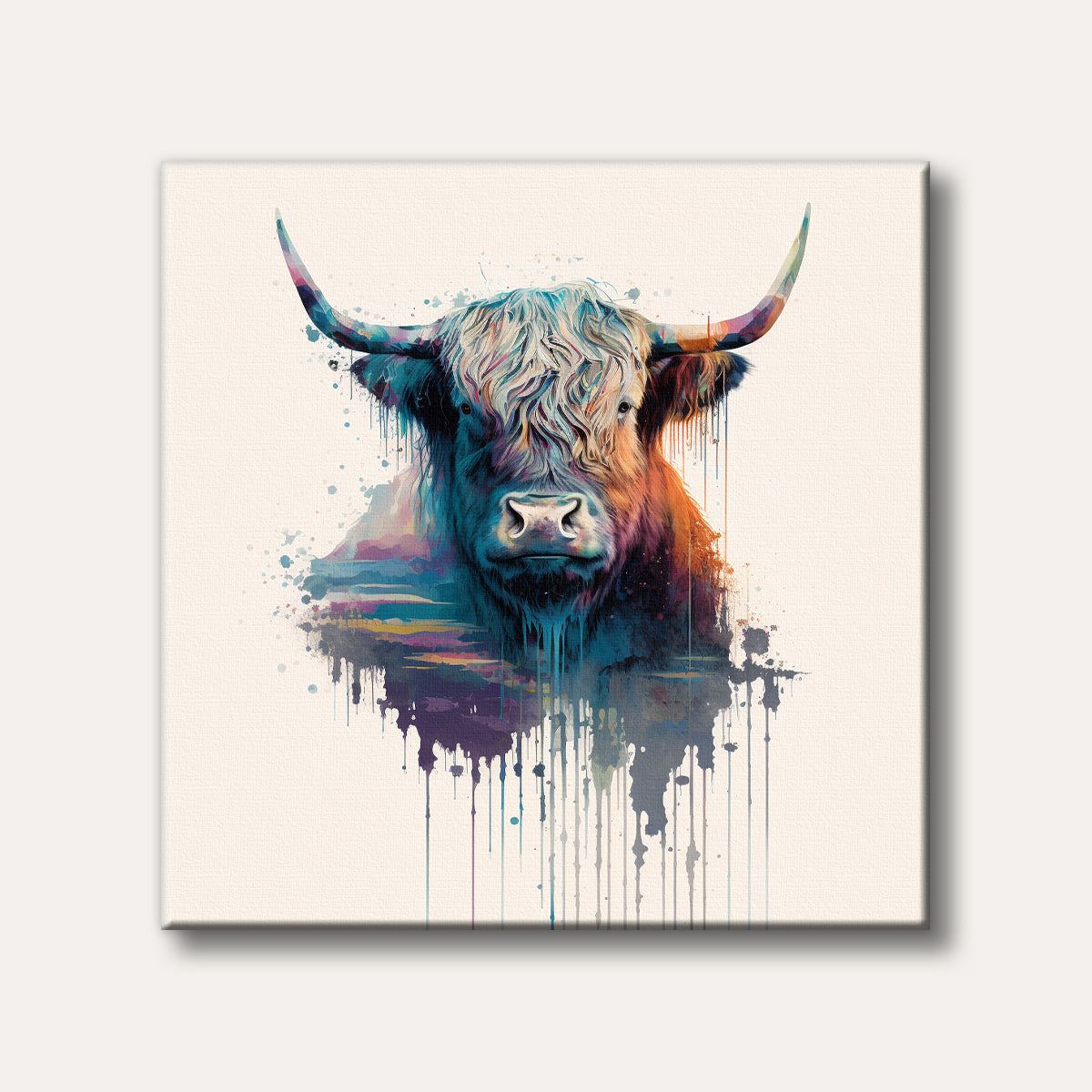 A captivating digital painting of a Highland cow portrait in a vibrant watercolour splash art style, featuring expressive blue, purple, and orange hues with dripping paint effects.