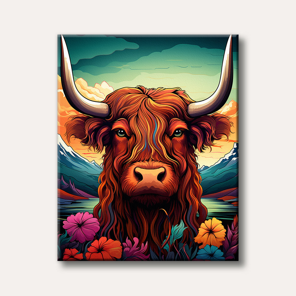 A vibrant, stylized painting of a Highland cow with shaggy red fur and large horns, set against a colourful mountainous landscape with a sunset sky and bold flowers in the foreground, rendered in an expressive art style.