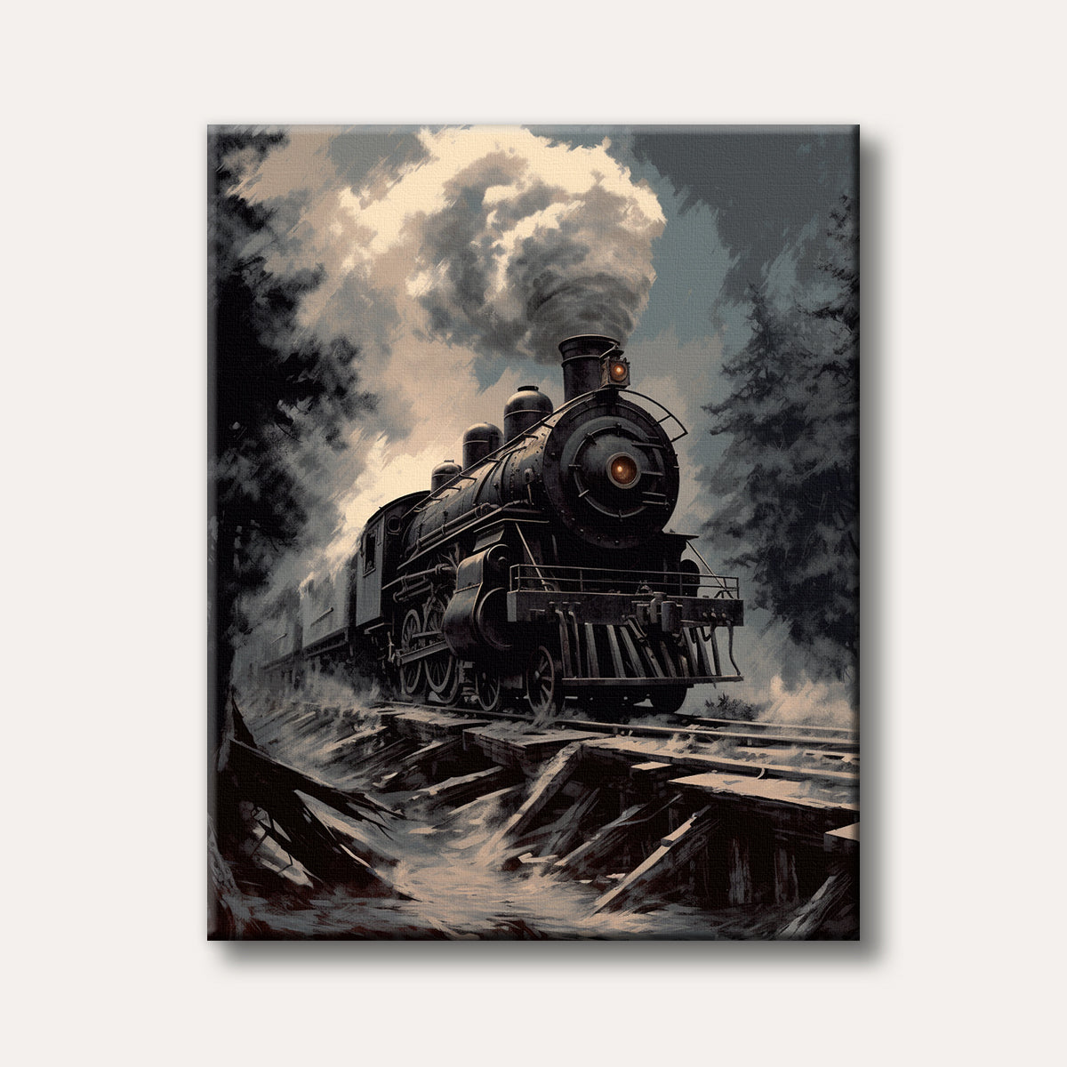A powerful, dark vintage steam train moves along a track, depicted in a gritty, painterly style with a dramatic sky and dark trees, evoking a sense of industrial might.